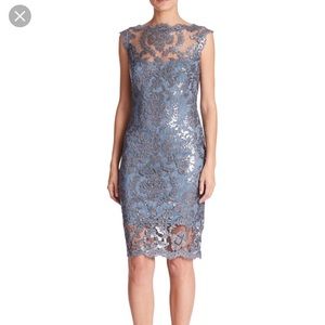 Tadashi Shoji steel blue metallic lace dress 2